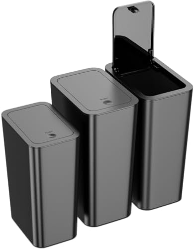 N. NETDOT 3 Pack (2 of 4 Gal & 1 of 2.6 Gal) Small Trash Can with Lid,Bathroom Garbage Can with Pop-Up Lid,Waste Basket for Bathroom,Kitchen,Bedroom,Powder Room,Craft Room,Office,College (Black) by NNETDOT
