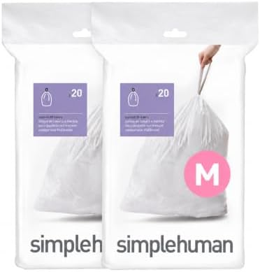 simplehuman Code M 40 Count, Dispenser Pack Custom Fit Liners, Drawstring Trash Bags, 45 Liter / 11.9 Gallon, White by Simplehuman