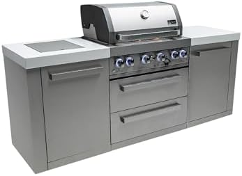 Mont Alpi Premium 82"W x 23"D x 46"H Stainless Steel Modular Outdoor Kitchen Island with Infrared Side Burner + 32"W 4-Burner BBQ Gas Grill + White Granite Countertops + Storage Cabinets + Drawers by MontAlpi
