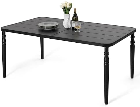 NUU GARDEN Weather-Resistant Outdoor 61” x 37” Rectangle Metal Dining Table with Umbrella Hole, Powder-Coated Frame, Slatted Tabletop, for Patio, Garden, Backyard and Balcony, Black by NUUGARDENCORPORATION
