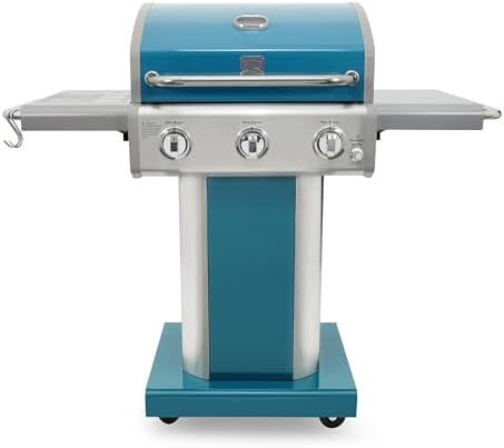 Kenmore 3-Burner Propane BBQ Grill, 30,000 BTUs Gas Grill with Cast Iron Cooking Grates, Folding Side Tables & Wheels, Outdoor Grill with Tool Hooks, Teal by Kenmore