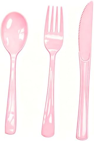 75 Pack Light Pink Heavy Duty Plastic Silverware Set, Disposable Knives, Forks & Spoons, 25 Sets for Birthday, Baby Shower, Camping, Picnic & Party by Unknown