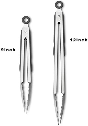 Premium 304 Stainless Steel Tongs Set – 12" Grill Tongs & 9" Cooking Tongs, Heat Resistant up to 600°F, Wavy Grip Head, Non‑Slip Handle with Locking Clip & Hanging Loop, Dishwasher Safe, Grey - Image 3
