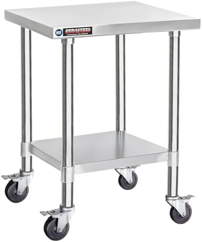 DuraSteel 30x18 NSF Stainless Steel Cart Work Table - Heavy Duty Rolling Food Prep Table - Metal Utility Cart on Wheels Caster, Grill Stand Microwave Outdoor Kitchen Tables Countertop Island Large Top by DuraSteel