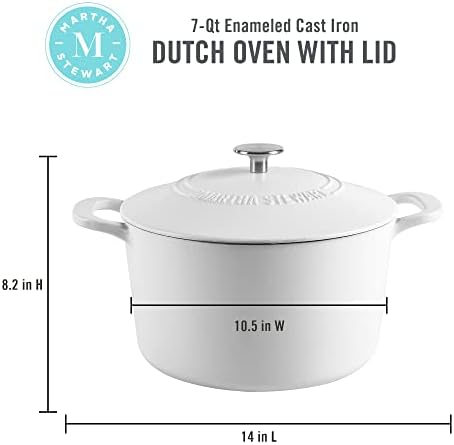MARTHA STEWART Gatwick 7-Quart Enamel Cast Iron Dutch Oven Pot with Lid – Matte White – Durable Heavy-Duty Dutch Oven for Slow Cooking, Braising & Baking - Image 2