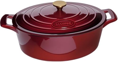 La Cuisine Enameled Cast Iron Oval Dutch Oven Casserole Dish Pot with Lid 6.75 QT Internal Matt Black Enamel Coating Gold-Plated Stainless Steel Lid Handle Oven Safe Cranberry by LaCuisineforlife