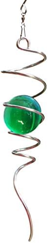 Fonmy Gazing Ball Spiral Tail Wind Spinner Stabilizer with Swivel Hook 11inch Stainless Steel Tail and 2 inch Green Glass Orb. Indoor Outdoor Garden Decoration Hanging Ornaments 13 inch Height by FONMY