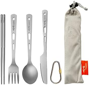 TiTo Titanium Cutlery Set Titanium Spoon Spork Knife Chopsticks Straw Portable Lightweight Outdoor Flatware Extra Strong 3/4/5 Piece Straw for Home Use/Travel/Camping/Picnic/Hiking Tableware (4-Piece) by TiToTitanium
