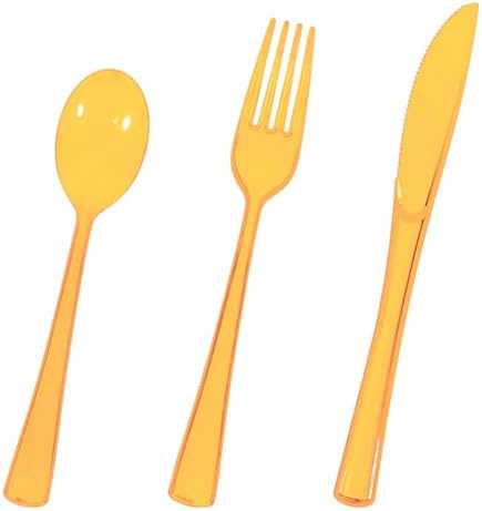 HEIPINIUYE 75 Pack Orange Clear Plastic Cutlery Heavy Duty Clear Fall Plastic Knives Forks and Spoons Disposable Silverware Set for 25 Guest Birthday Baby Shower Thanksgiving Party Utensil Set by HEIPINIUYE