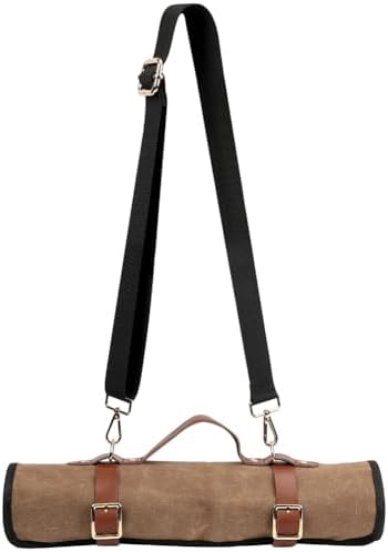 Knife Roll with Leather Straps and Metal Buckles, Double Layer Waxed Canvas Knife Bag, Large Chef Knife Bag with Handle and Shoulder Strap - Image 2