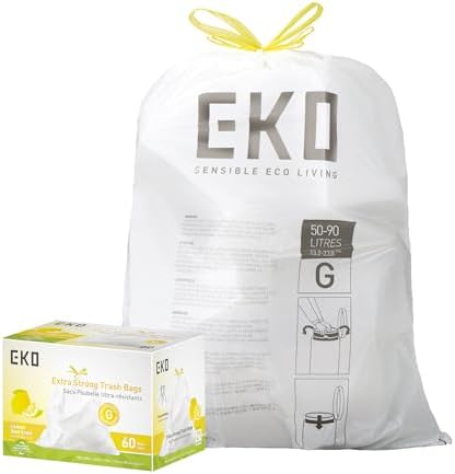 EKO 21 Gallon / 50-90 Liter, 60 Count Drawstring Trash Bags, Extra-Strong Garbage Bags, Lemon Zest Scent with Continuous Odor Control, Easy-Dispense Roll for Kitchen and Household Use, Code G, White by Unknown