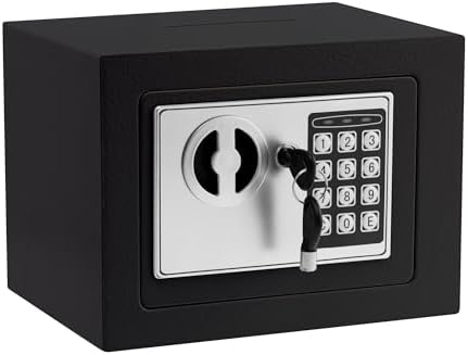 Small Electronic Safe Box With Digital Keypad & Keys - 9.05 x 6.7 x 6.7 Inches Wall Safe 0.23Cuft Mini Security Box for Coin Home Office Hotel Rooms Business Jewelry Gun (Black) by ELLAIG