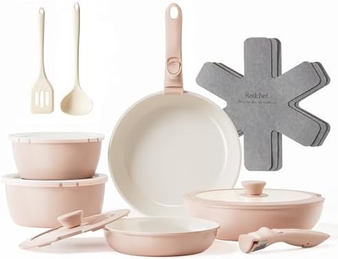 Redchef 16pcs Ceramic Pots and Pans Set, RV Cookware Set for Camping, Pink by Redchef
