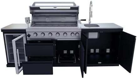 96-Inch 6-Burner Natural Gas Outdoor Kitchen Grill Island - 85000 BTU Stainless Steel BBQ, Refrigerator, Rotisserie, Stainless Countertops, Soft-Close Storage, For Patio, Lawn, Backyard, Black - Image 6