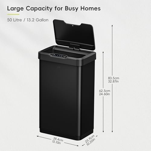 EKO Mirage-T 50 Liter / 13.2 Gallon Touchless Rectangular Motion Sensor Trash Can or Recycling Bin, Brushed Stainless Steel Finish (Matte Black) - Image 2