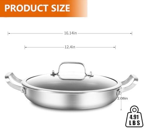 DELARLO Skillet With Lid,Tri-Ply Stainless Steel Pan,12 Inch Non Stick Paella Pan,Skillets And Frying Pans,Nonstick skillet Kitchen Oven Safe Skillet,Heavy Duty Style - Image 3