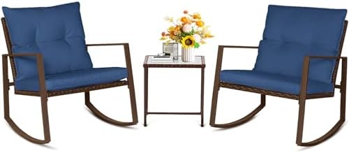 SUNCROWN 3 Piece Outdoor Rocking Bistro Set Brown Wicker Furniture Porch Chairs Conversation Sets with Glass Coffee Table, Dark Blue by HOME