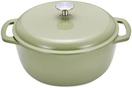 Amazon Basics Enameled Cast Iron Dutch Oven Pot With Lid, 6-Quart, Round, Dual Handles, Heavy-Duty, Oven Safe for Stews, Roasting & Baking, Olive by AmazonBasics