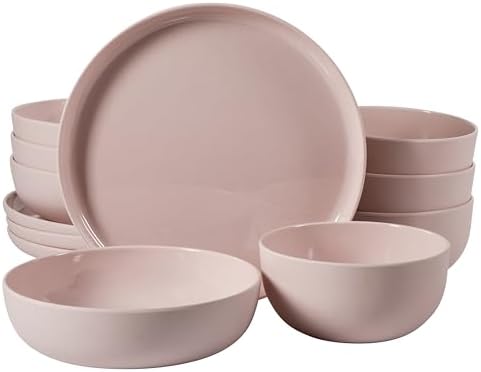 Gibson Home Candy Skies 12 Piece Unbreakable Wheat Straw Melamine Plates and Bowls Dinnerware Set - Outdoor, Camping, & Everyday Use - Matte Exterior/Shiny Interior Pink by GibsonHomewares