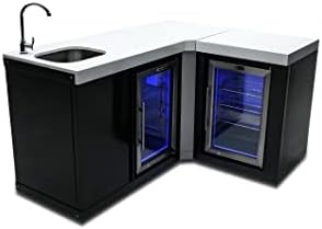 Mont Alpi MA-BEVBSS90FC Bar Series 90 Degree Corner Black Stainless Steel Double Outdoor Rated Refrigerator Wine Cooler Beverage Center Granite Countertops with Blue LED Lighting + Faucet & Sink by MontAlpi