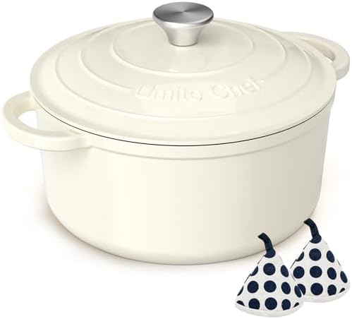 Umite Chef Enameled Cast Iron Dutch Oven-7QT Pot with Lid Cookbook & Cotton, Heavy-Duty Cookware for for Bread Baking, Braising, Stews, Marinate, Cook(Cream White) by UmiteChef