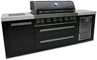 Mont Alpi 94"W x 23"D x 46"H Black Stainless Steel Modular Outdoor Kitchen Island with Refrigerator + 44"W 6-Burner BBQ Gas Grill + Side Burner + White Granite Countertops + Storage Cabinets & Drawers by MontAlpi