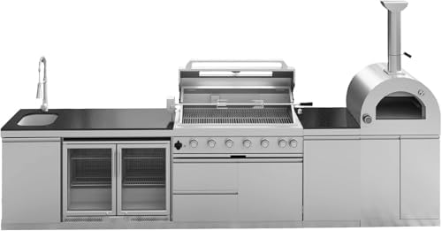 147" Outdoor Kitchen Island,Propane BBQ Grill with Pizza Oven,Rotisserie,Double Door Refrigerator,Storage Cabinets,Granite Countertop & Drawers,120,000 BTU,Stainless Steel Material. - Image 6
