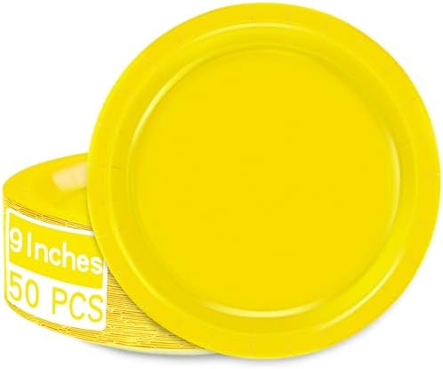 50 Count Yellow Plates 9" Round Heavy-duty Paper Yellow Party Decorations by QZYL