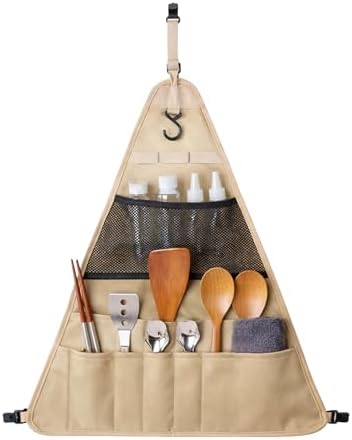 Camping Tableware Bag - Large Portable Outdoor Cutlery Organizer, Hanging Utensil Storage Pouch for BBQ, Hiking, Backpacking, Picnic, Kitchenware Accessories, Khaki Travel Cookware Kit (L) by SHINETEC