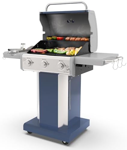 Kenmore 3-Burner Propane BBQ Grill, 30,000 BTUs Gas Grill with Cast Iron Cooking Grates, Folding Side Tables & Wheels, Outdoor Grill with Tool Hooks, Azure Blue - Image 4