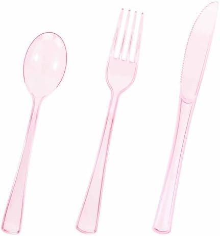 HEIPINIUYE 75 Pack Light Pink Clear Plastic Cutlery Heavy Duty Clear Pink Plastic Knives Forks and Spoons Disposable Silverware Set for 25 Guest Camping Birthday Baby Shower Party Utensil Set by HEIPINIUYE