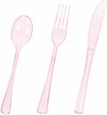 HEIPINIUYE 75 Pack Light Pink Clear Plastic Cutlery Heavy Duty Clear Pink Plastic Knives Forks and Spoons Disposable Silverware Set for 25 Guest Camping Birthday Baby Shower Party Utensil Set by HEIPINIUYE