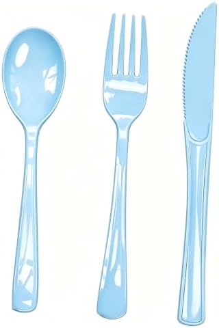 75 Pack Light Blue Heavy Duty Plastic Silverware Set, Disposable Knives, Forks & Spoons, 25 Sets for Birthday, Baby Shower, Camping, Picnic & Party by Unknown