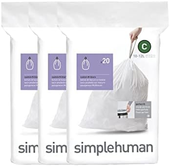 simplehuman Code C 60 Count Custom Fit Liners, Drawstring Kitchen Trash Bags, One-by-One Mess-Free Dispense, Extra Thick & Double Seamed, 50% PCR Plastic, 10-12 Liter / 2.6-3.2 Gallon, White by Unknown