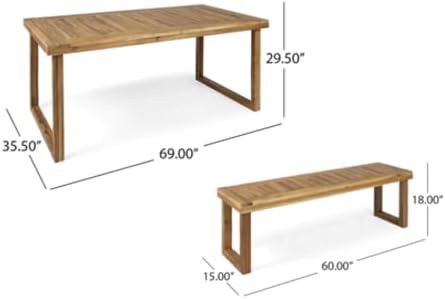 69'' Outdoor Patio Dining Table & 2 Bench for 4, Acacia Wood Dining Table Set Outdoor & Indoor Furniture for Patio Porch Garden, 3-Pcs, Sandblast Natural Finish - Image 2