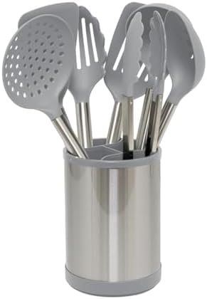Glad Kitchen Utensils Set, 8pcs - Nonstick Cooking Tools with Stainless Steel Handles & Rotating Utensil Holder - Turners, Ladle, Spoon, Tongs, Spaghetti Server, and Skimmer - Dishwasher Safe, Grey by GladTrashFoodStorage