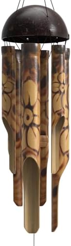 Nalulu Rustic Bamboo Wind Chimes - Outside Outdoor Wooden Windchimes, Small, Floral Burned Design with Coconut Crown, Handcrafted with Calming Deep Tones, Home Decor Ideal Gift for Him & Her by Nalulu