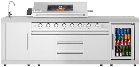 KoolMore Reserve Outdoor Kitchen Island with 6 Burner Grill and a Side Burner, Sink, Storage Cabinet and Beverage Refrigerator, CSA Listed in Stainless-Steel by KoolMore