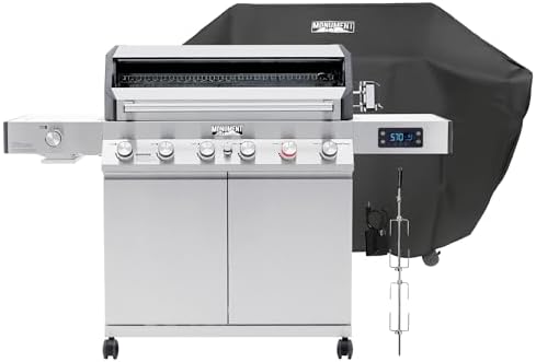 Monument Grills 6+1 Burner Smart Tech Propane Gas Grill with Cover and Rotisserie Kit, Denali 605Pro Stainless Steel Grill 78,000 BTU Outdoor Patio Barbecue Grill with Side Sear Burner, Knob Control by MonumentGrills