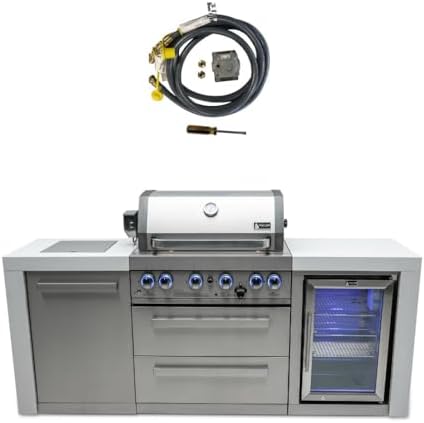 Mont Alpi MAi400-DFC-NG 4-Burner 78000 BTU Deluxe Stainless Steel Modular Outdoor Kitchen Island Grill with MANGK Natural Gas Conversion Kit + Fridge Cabinet, Granite Countertops & 2 Infrared Burners by MontAlpi