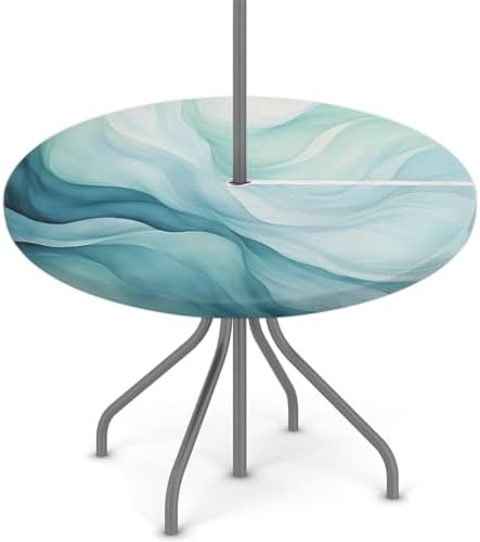 Fitted Round Tablecloth with Umbrella Hole and Zipper Abstract Teal Blue Outdoor Elastic Table Cloth 36"-44" Oil-Proof Waterproof Texture Patio Table Cover for Party Outdoor by GzLeyigouHomeKitchen