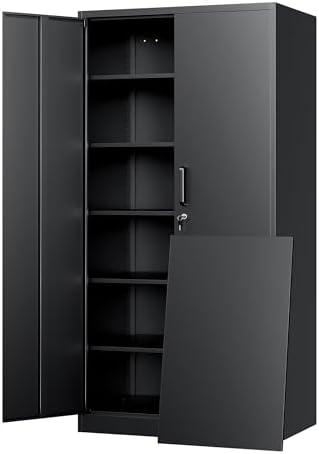 Yizosh Metal Storage Cabinet with Lock - 72" Garage Storage Cabinet with 2 Locking Doors and 5 Adjustable Shelves, Black Steel Lockable for Office,Home,Garage by Yizosh