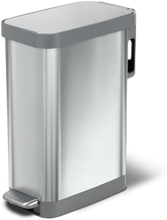 Glad Slim Trash Can with Clorox Odor Protection - Narrow Kitchen Garbage Bin with Soft Close Lid, Step On Foot Pedal and Waste Bag Roll Holder, All Stainless, 12 Gallon/45 Liter by GladTrashFoodStorage
