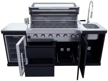 82-Inch 6-Burner Natural Gas Outdoor Kitchen Grill Island - 85000 BTU Stainless Steel BBQ, Refrigerator, Rotisserie, Stainless Countertops, Storage Cabinets/Drawers, For Patio, Lawn, Backyard, Black - Image 6