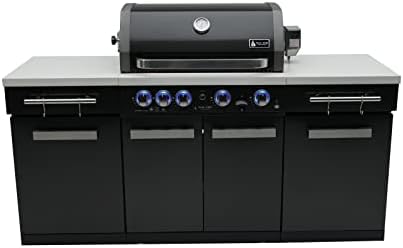 Mont Alpi Premium 70"W x 24"D Black Stainless Steel Compact Outdoor Kitchen Island with Access Doors + 32"W 4-Burner BBQ Grill with Infrared Rear Burner + Storage Cabinets + White Granite Countertops by MontAlpi