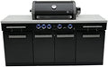 Mont Alpi Premium 70"W x 24"D Black Stainless Steel Compact Outdoor Kitchen Island with Access Doors + 32"W 4-Burner BBQ Grill with Infrared Rear Burner + Storage Cabinets + White Granite Countertops by MontAlpi