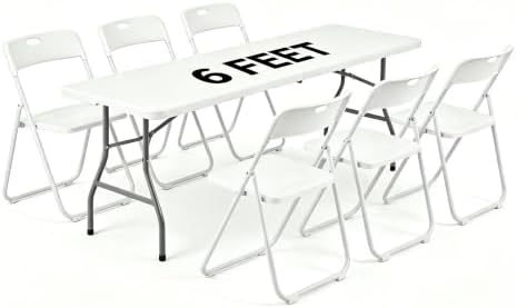 6 FT Foldable Table Set with 6 White Plastic Folding Chairs for 6 by WelcometoEDWINENE