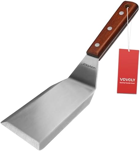 Professional Metal Spatula for Cast Iron Skillets and Flat Top Grills, Full Tang Wooden Handle,1.8mm Thick Stainless Steel Blade, Smash Burger Spatula Turner for Flipper, Cooking, BBQ, 4.7 x 2.7 Inch by VOVOLY