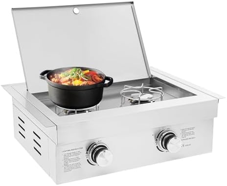 2-Burner Stove for Outdoor Kitchen, Built-in Stainless Steel Side Burner with Removable Grates & Cover, Drop-In Gas Stove for BBQ Island, Patio, Backyard (Natural Gas, Double Burner) by Okasiki