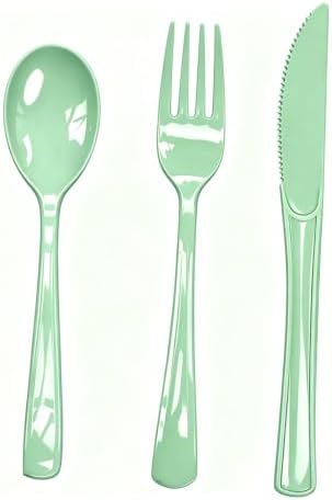 75 Pack Sage Green Heavy Duty Plastic Silverware Set, Disposable Cutlery Knives, Forks & Spoons, 25 Sets for Baby Shower, Birthday, Camping, Picnic, Wedding & Party Tableware by Unknown